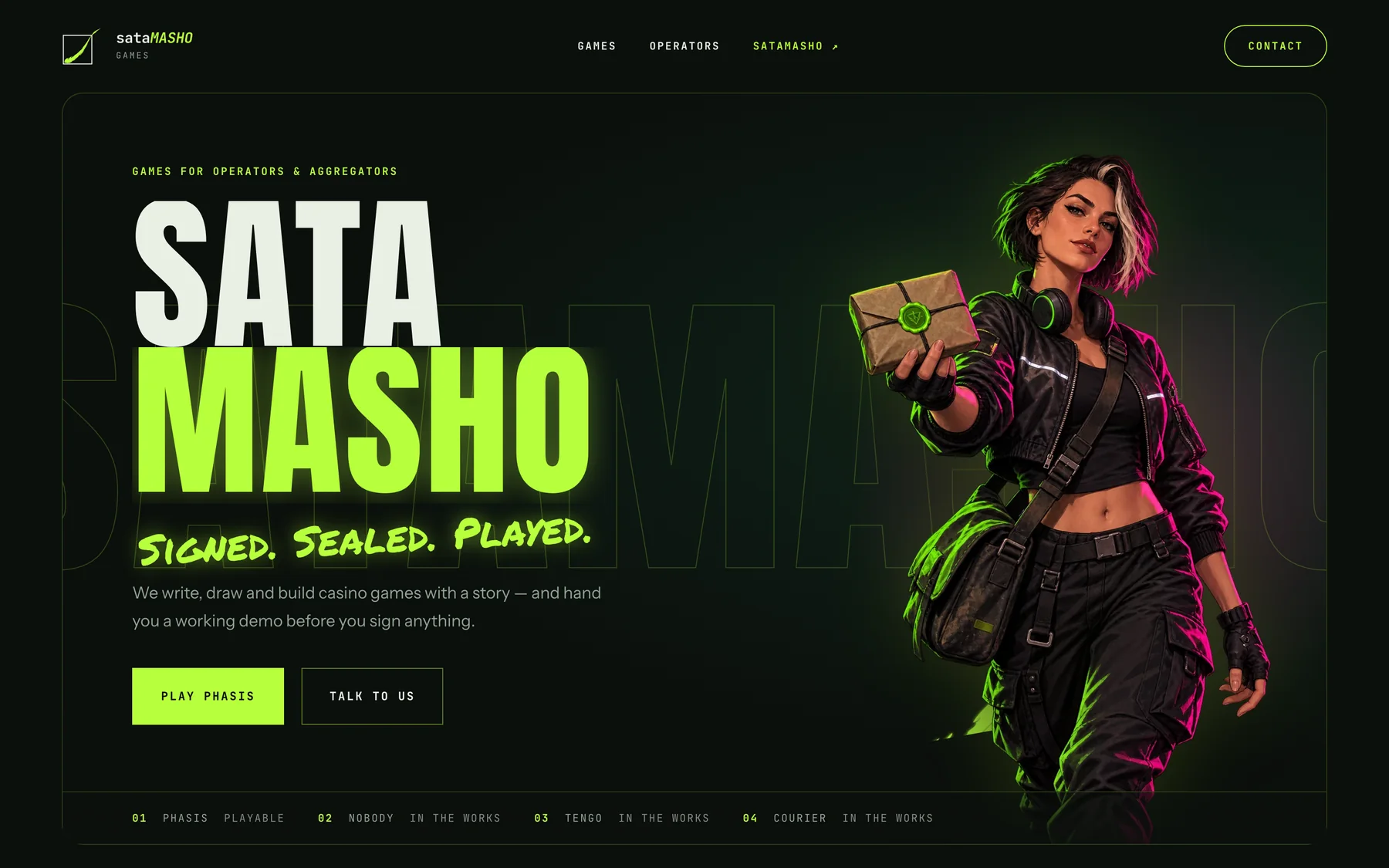 The games hub: the Courier beside the giant SATAMASHO wordmark on a dark, acid-green screen