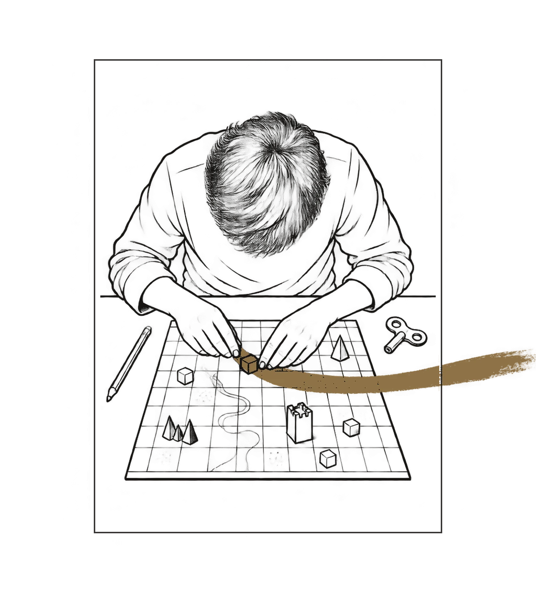 The Game Master, bent over a board, moving pieces