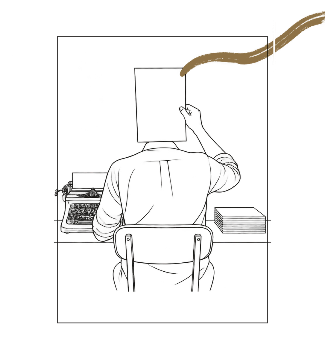 The Writer, seen from behind, holding a page up to the light