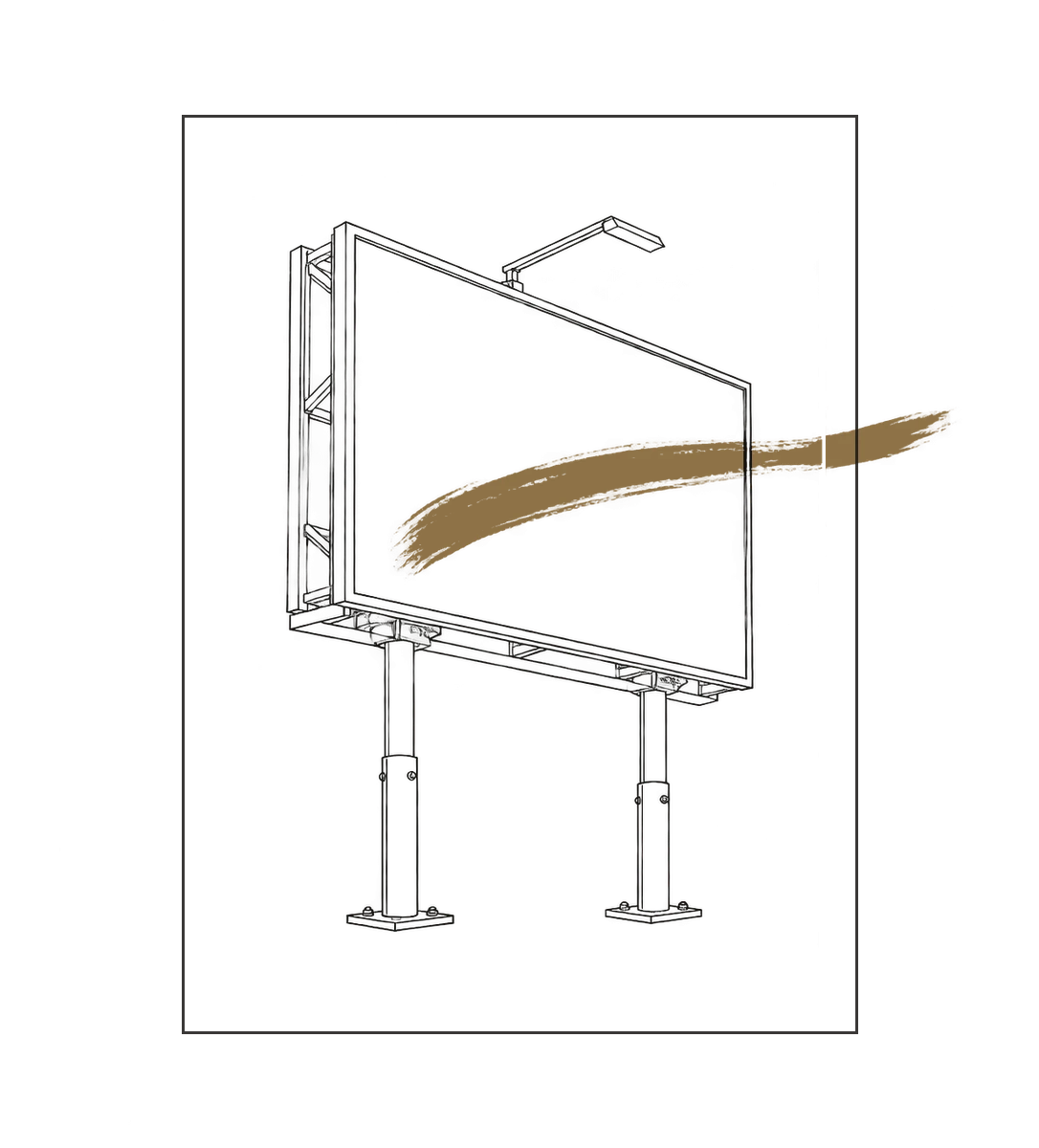 Line drawing of an empty billboard with a bronze brushstroke sweeping out of it