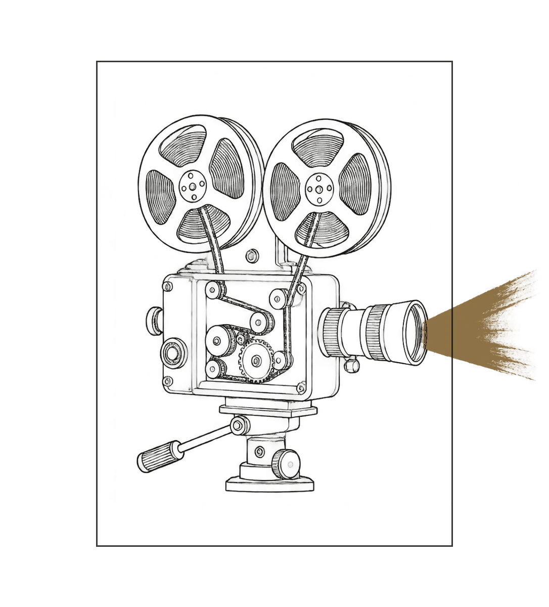 Line drawing of a cine camera with its mechanism exposed and a bronze beam leaving the lens