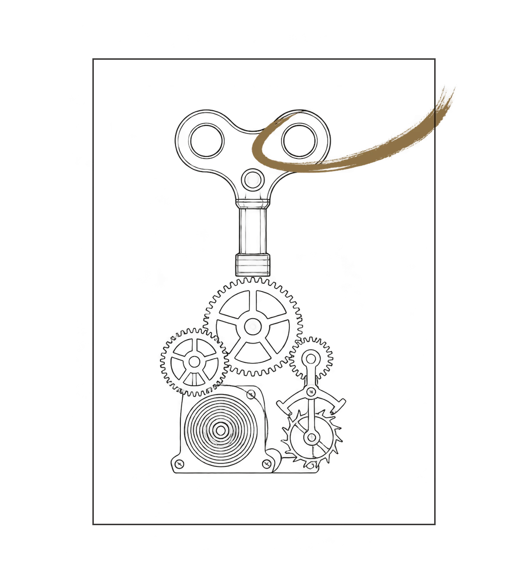 Line drawing of a wind-up key with its clockwork exposed and a bronze arc of its turn